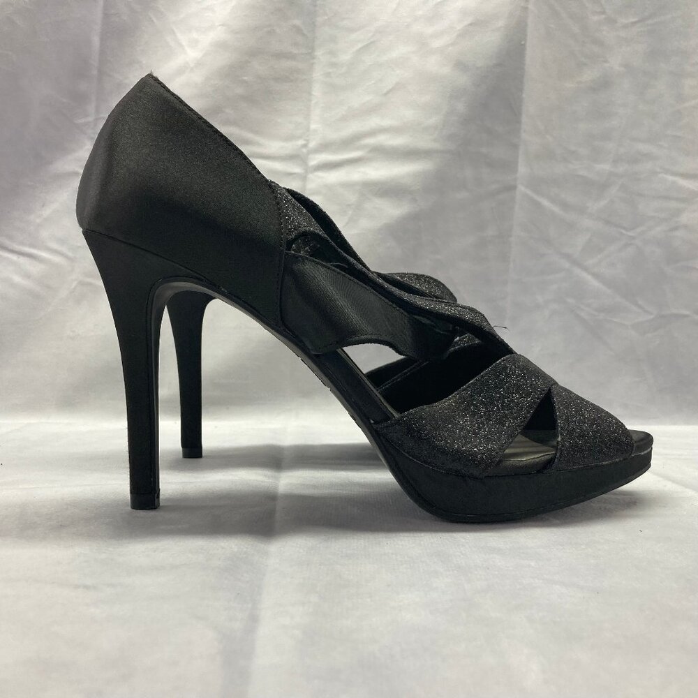 Fioni Night Halo Black Sparkly Pump Stiletto Heels Size 9.5 Peep Toe Glitter